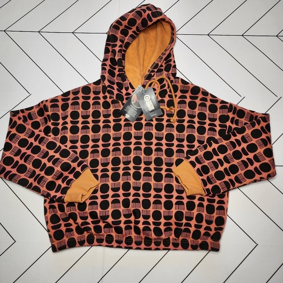 Women's black and orange patterned Crop  hoodie, size L. - Picture 1 of 8